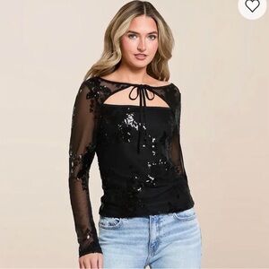 Black Sequin Tie-Neck Long Sheer Sleeve Top From Buckle